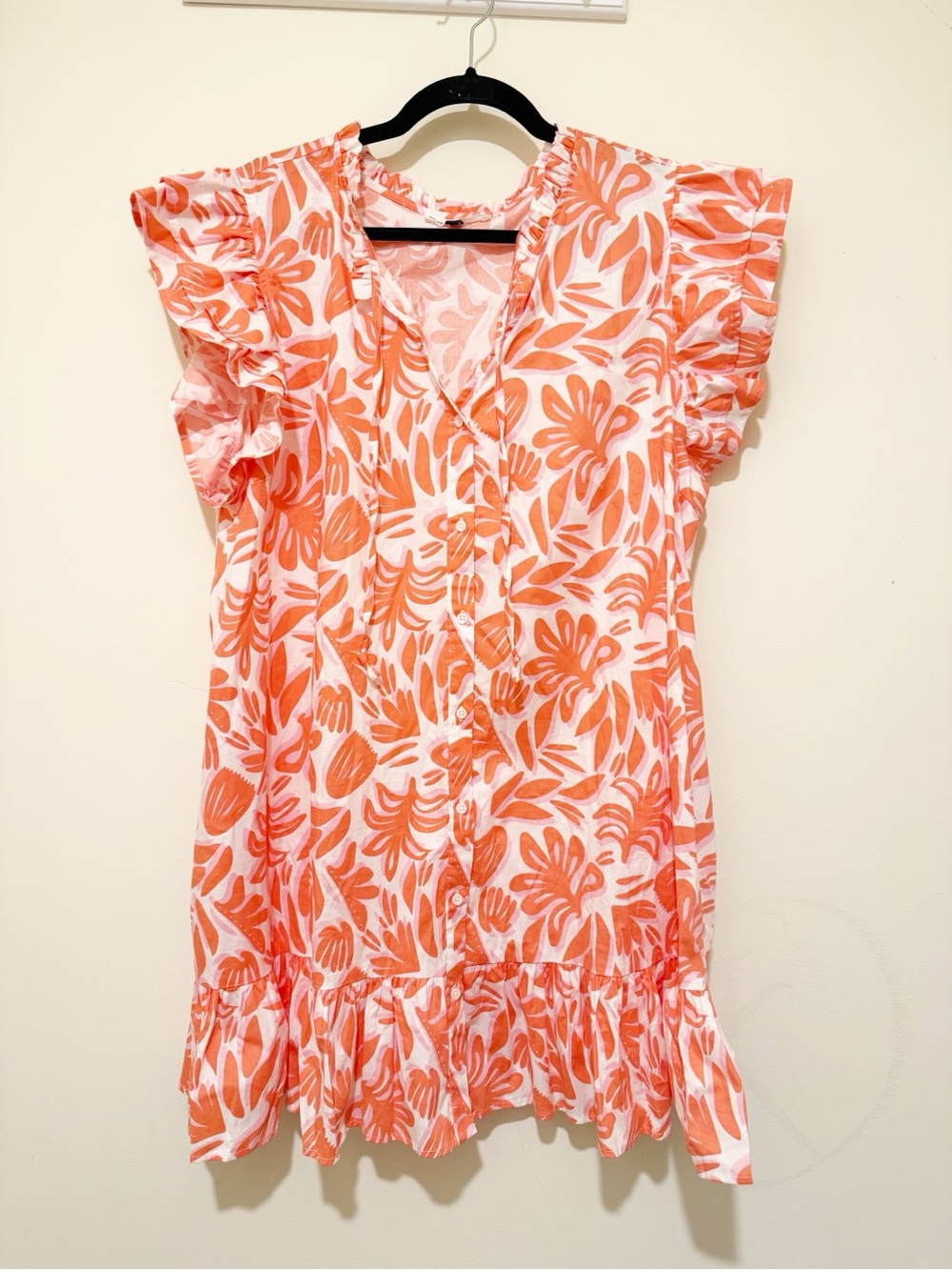 Women's Orange Floral Button-Front Mini Dress with Ruffle Hem